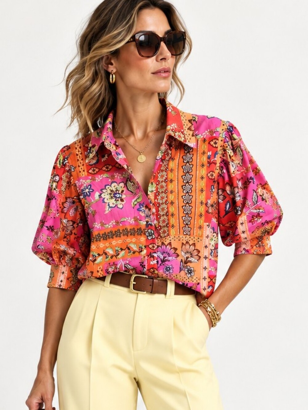 Fate Patchwork Multi-color Puff Sleeve Citton Blouse NWT